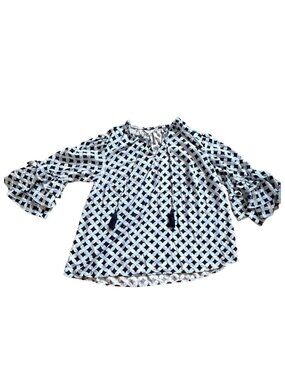Crown & Ivy Geometric Print Blouse W/ A Ruffle Neckline & Ruffle Bell Sleeves-0X